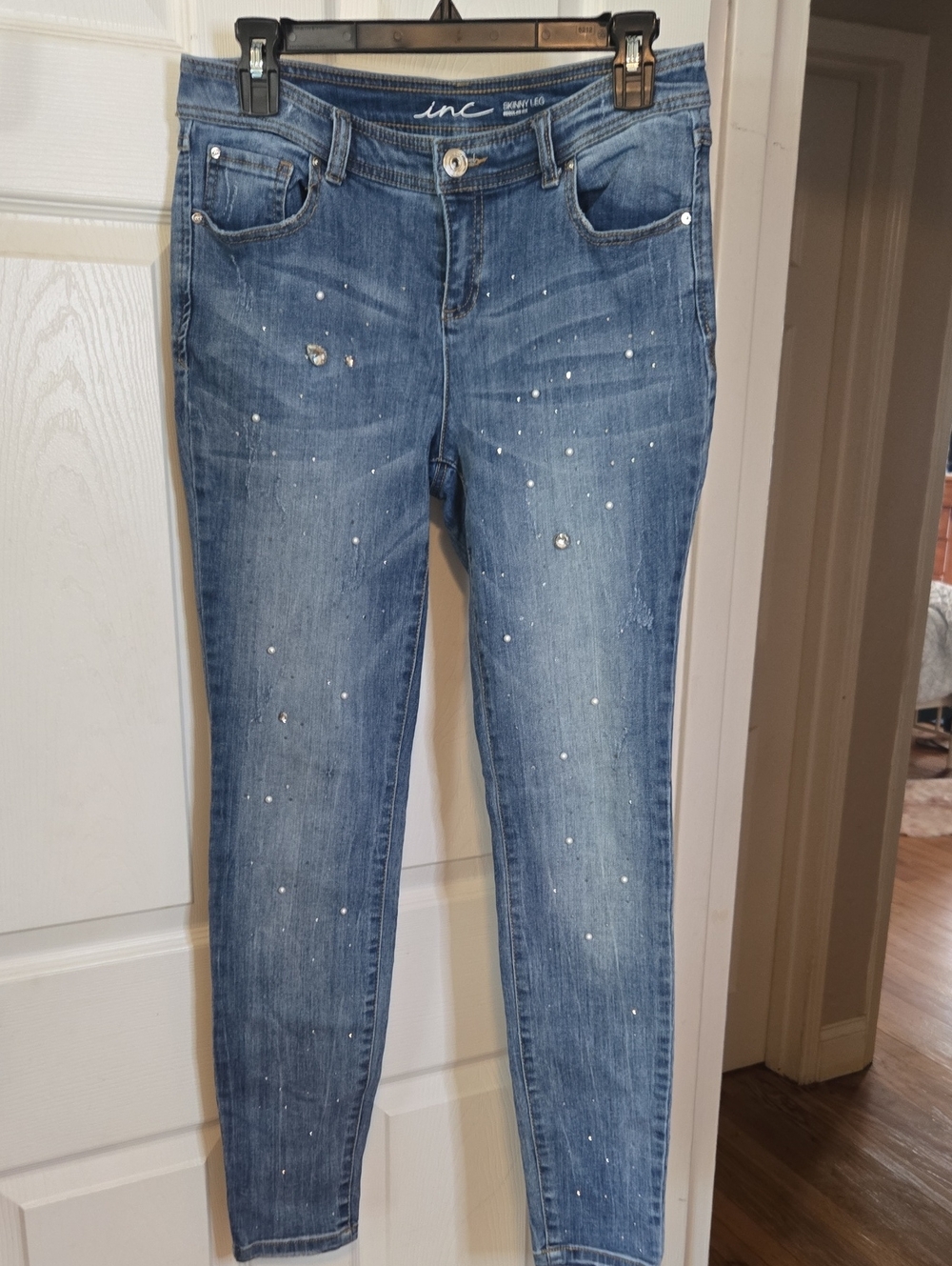 INC International Concepts Blue Skinny Jeans with Rhinestone Detail